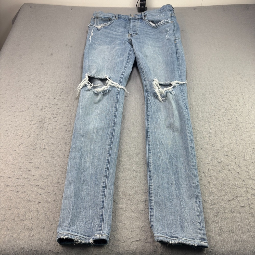 Purple Brand Jeans Mens 34x33 Blue P002 Slim Tapered Distressed Denim Button Fly
